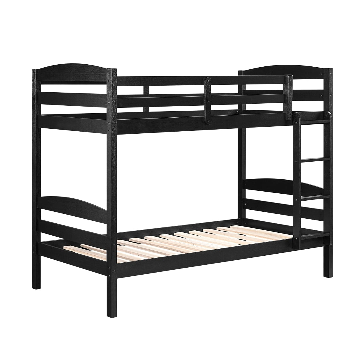 Black Lani Collection twin/twin bunk bed by MAZ, showing side view with sturdy frame and modern design in a well-lit room.