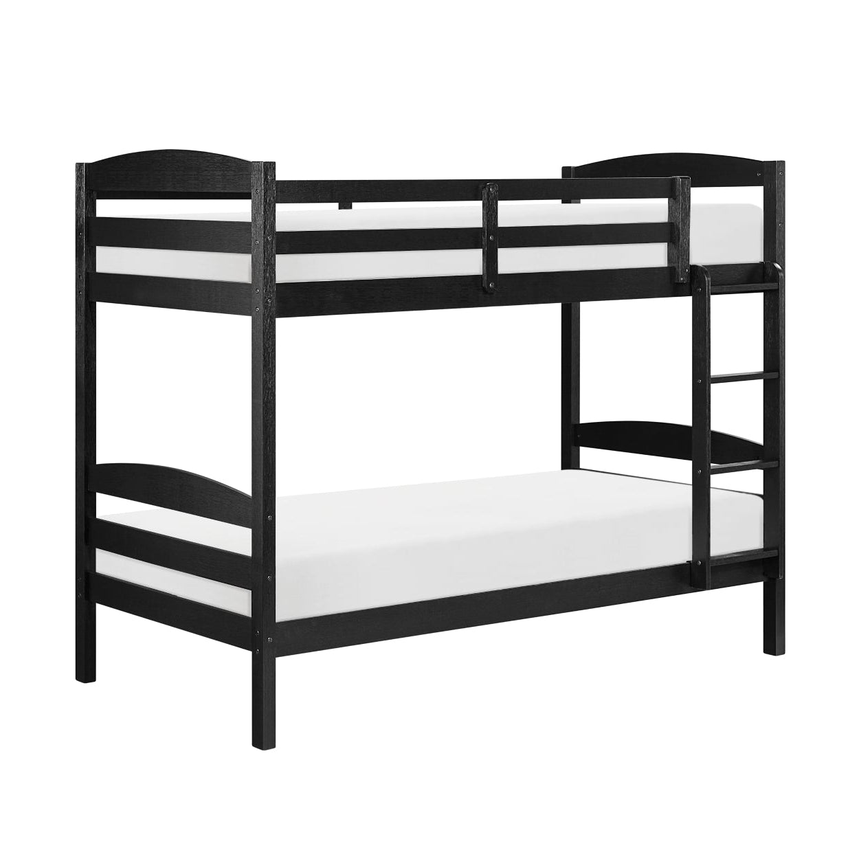 Black MAZ Lani Collection twin/twin bunk bed shown from side view with sturdy frame and ladder, ideal for space-saving bedrooms.