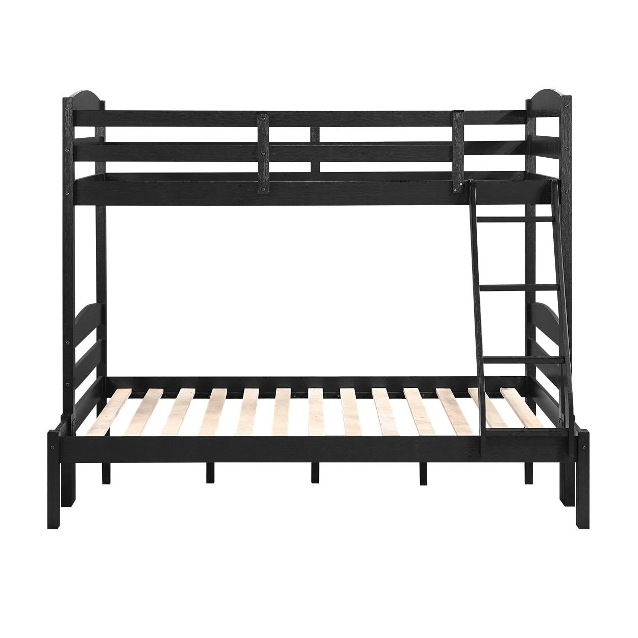 Black MAZ Lani Collection twin/full bunk bed with a sturdy frame, featuring a front view and modern design.