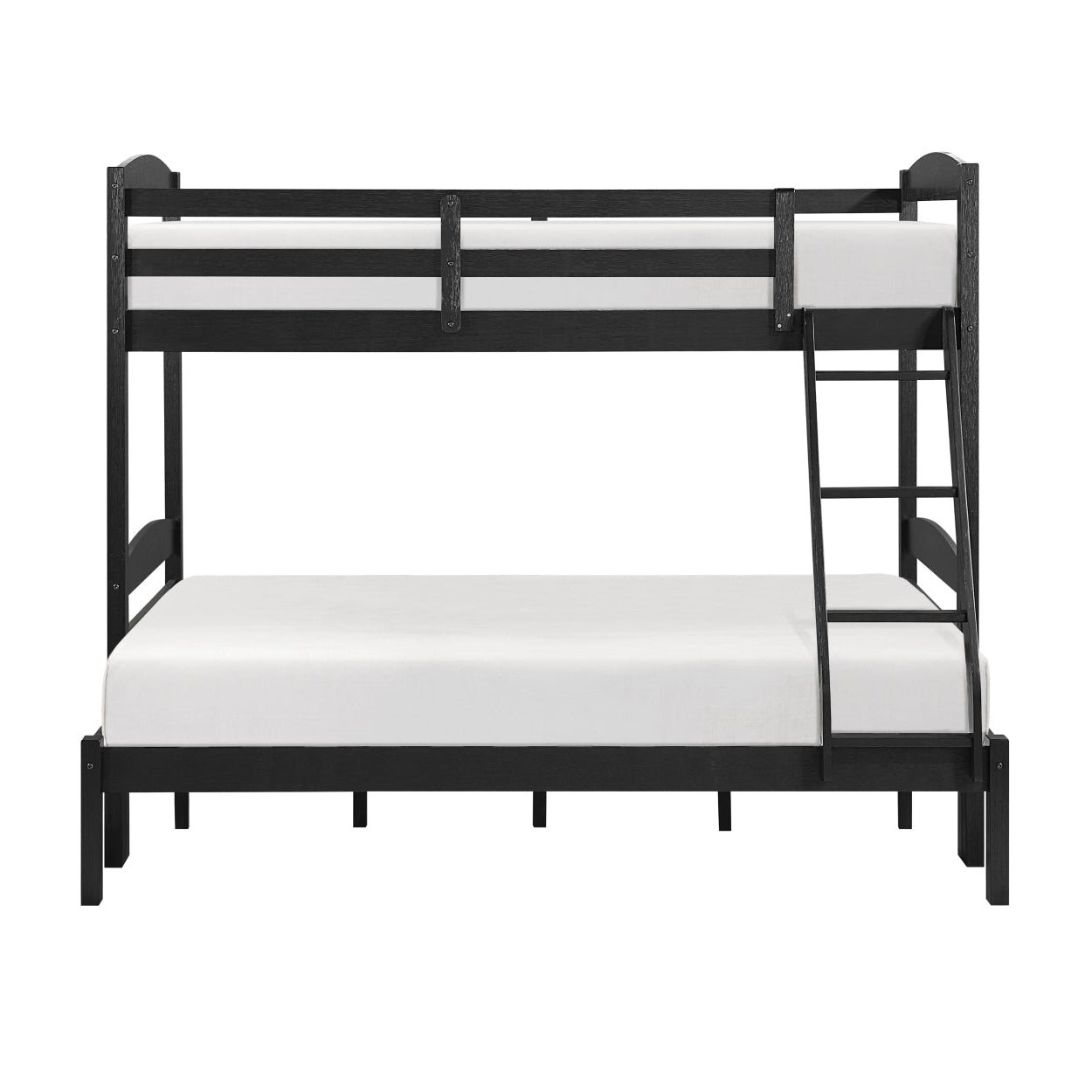 Black MAZ Lani Collection twin/full bunk bed with sleek frame and ladder, shown from the front view.