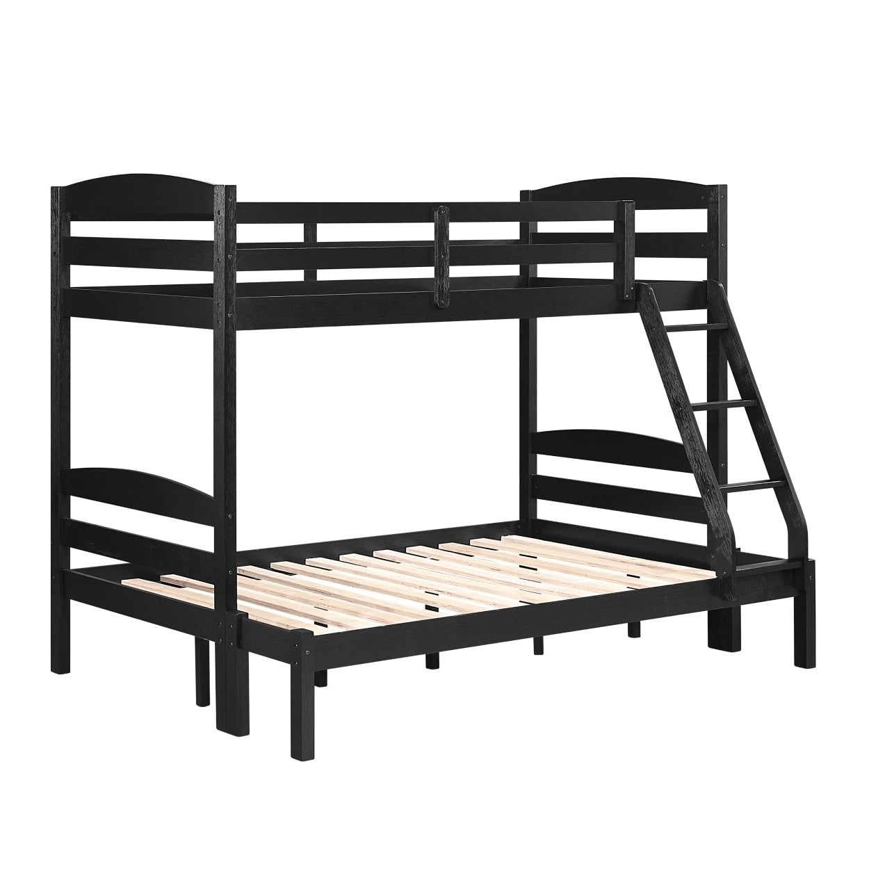 Black MAZ Lani Collection twin/full bunk bed with side view, showcasing sturdy frame and modern design.
