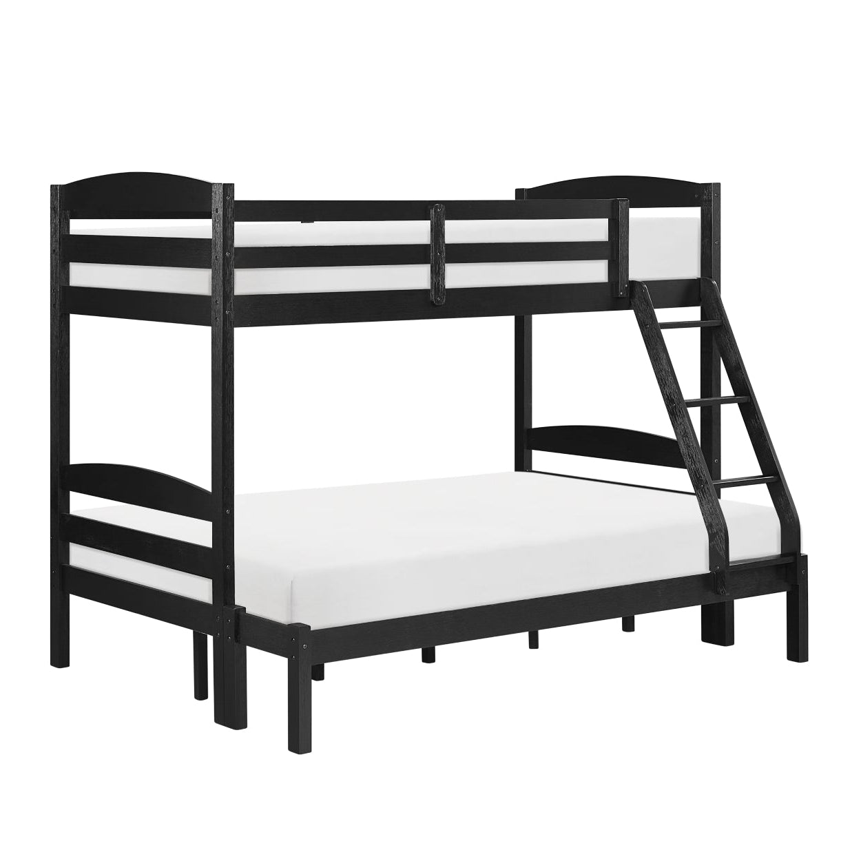 Black MAZ Lani Collection twin/full bunk bed showing side view with sturdy frame and ladder in a modern bedroom setting.