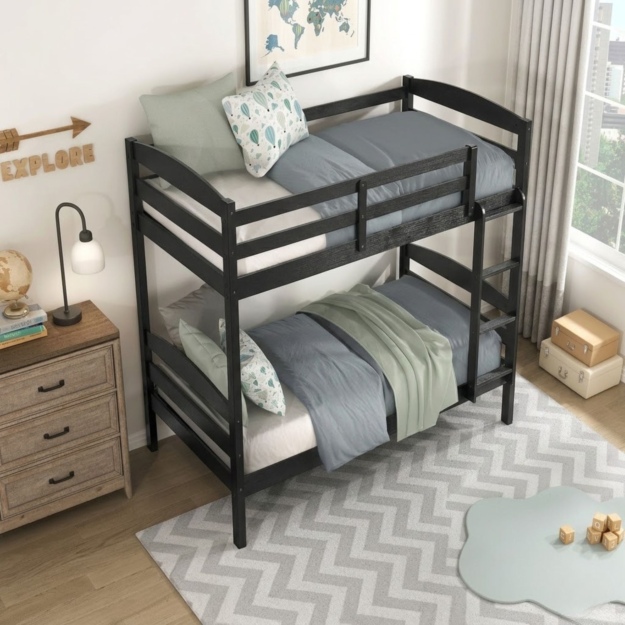Black MAZ Lani Collection twin/twin bunk bed with sturdy frame and ladder, ideal for space-saving bedroom setup.