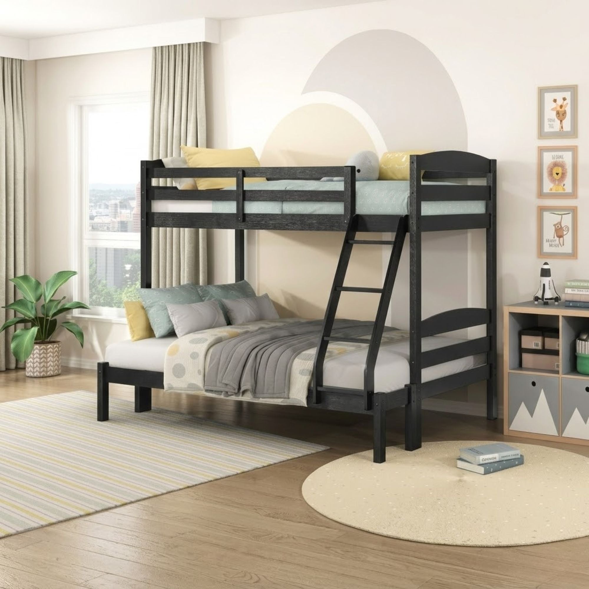Black twin/full bunk bed from the MAZ Lani Collection with sturdy metal frame, shown assembled in a modern bedroom setting.