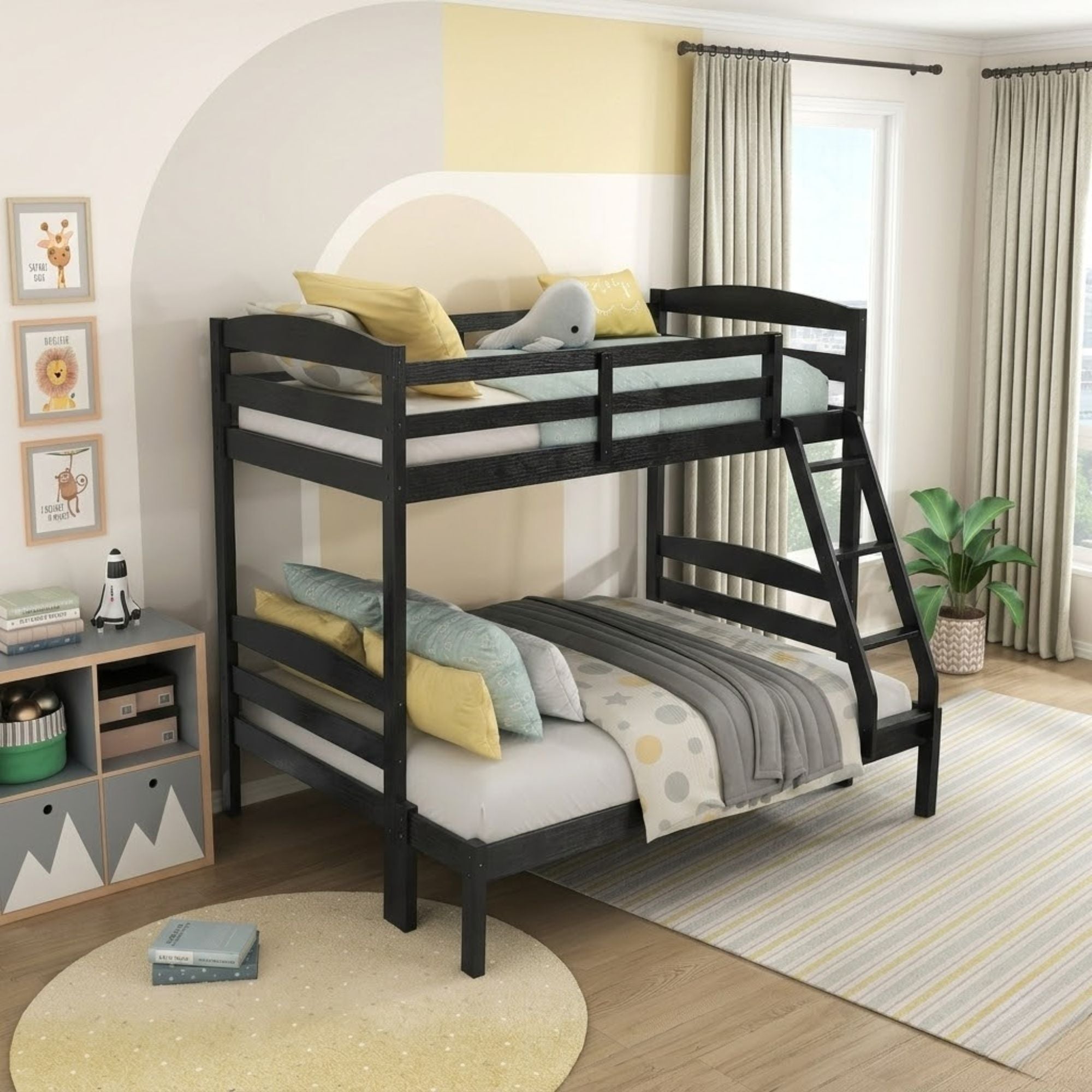 Black twin/full bunk bed from the Lani Collection by MAZ, featuring a sturdy frame and modern design suitable for youth bedrooms.