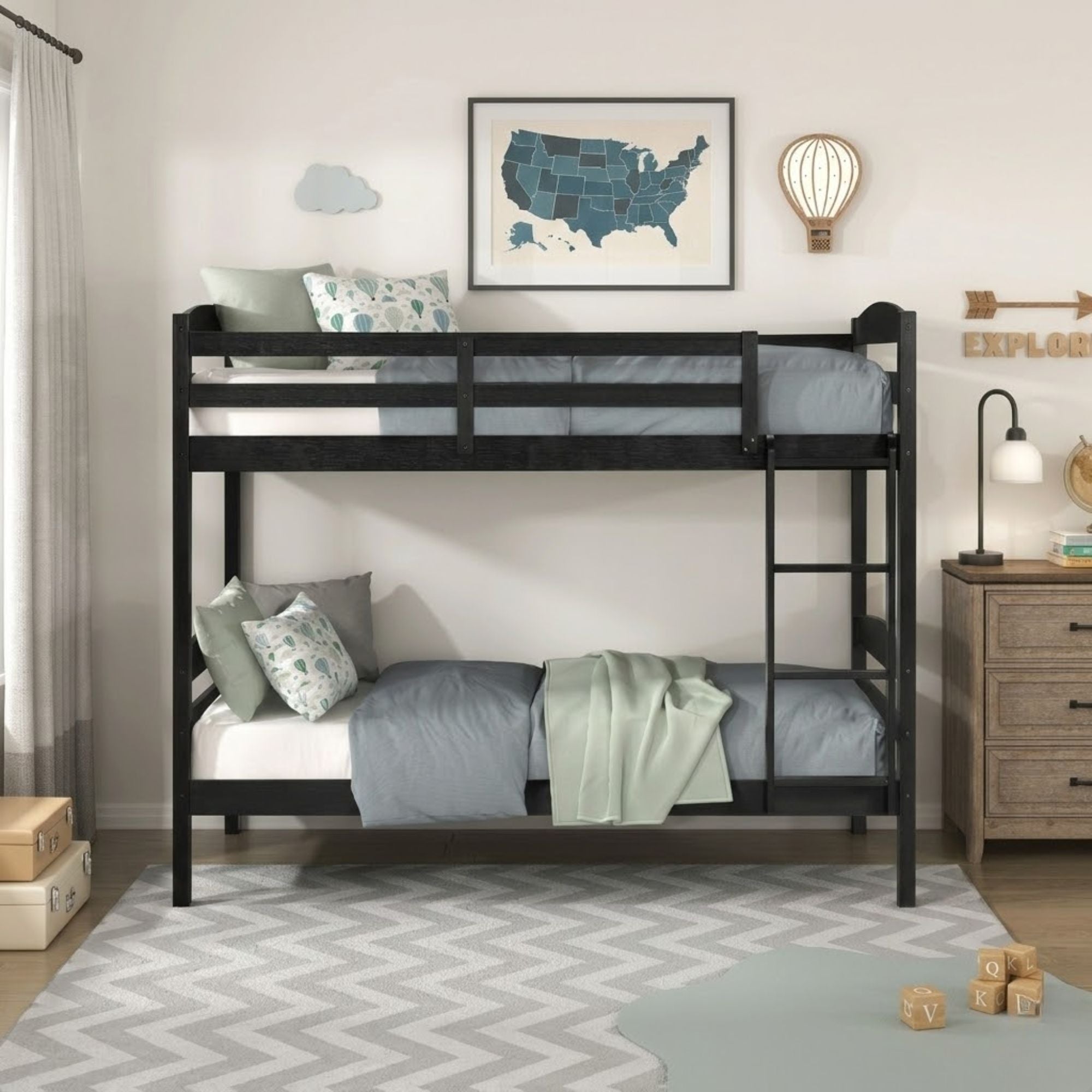Black MAZ Lani Collection twin/twin bunk bed with sturdy metal frame and ladder, ideal for space-saving bedroom sleeping arrangements.
