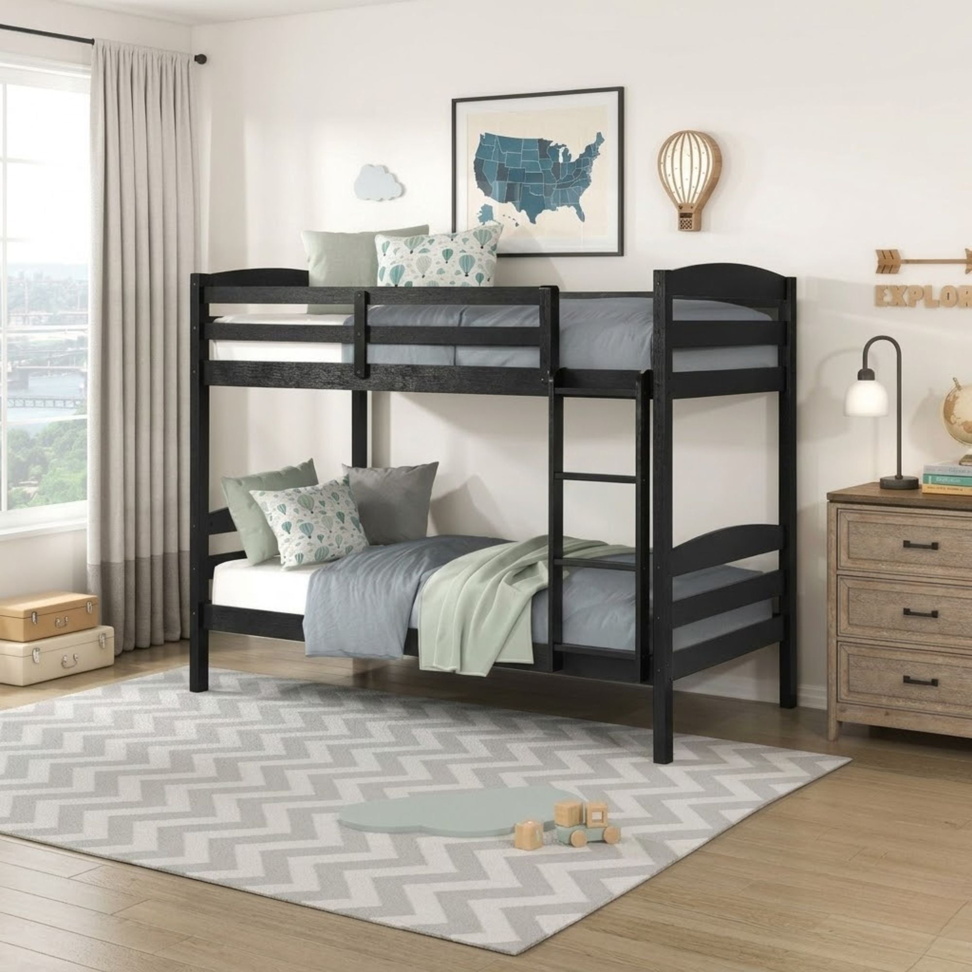 Black MAZ Lani Collection twin/twin bunk bed with sturdy frame and ladder, shown in a modern bedroom setting.