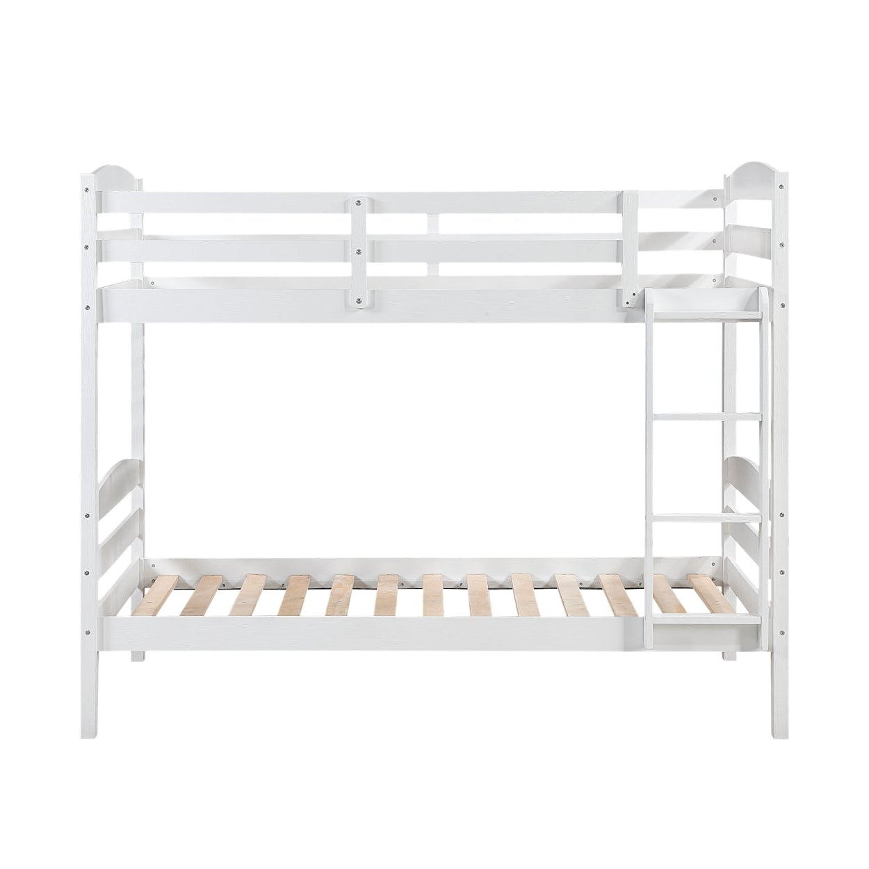 White MAZ Lani Collection twin/twin bunk bed with clean design and safety railings, shown from the front.