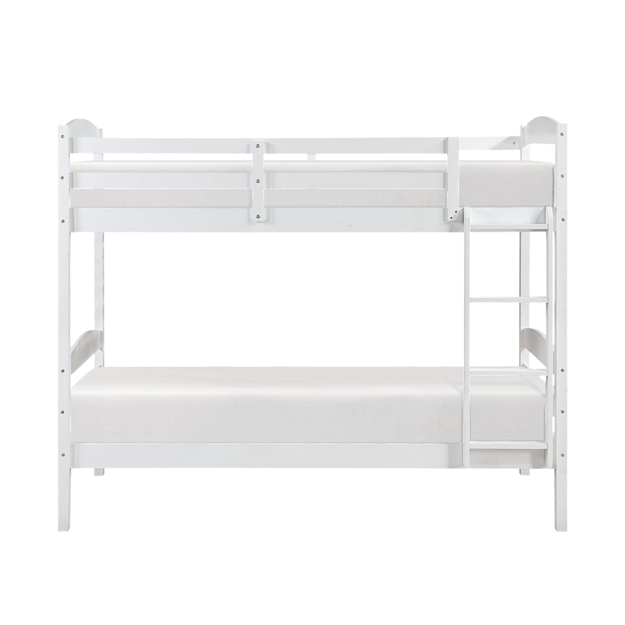 White M.A.F Lani Collection twin/twin bunk bed with a sturdy frame, shown from the front in a well-lit setting.