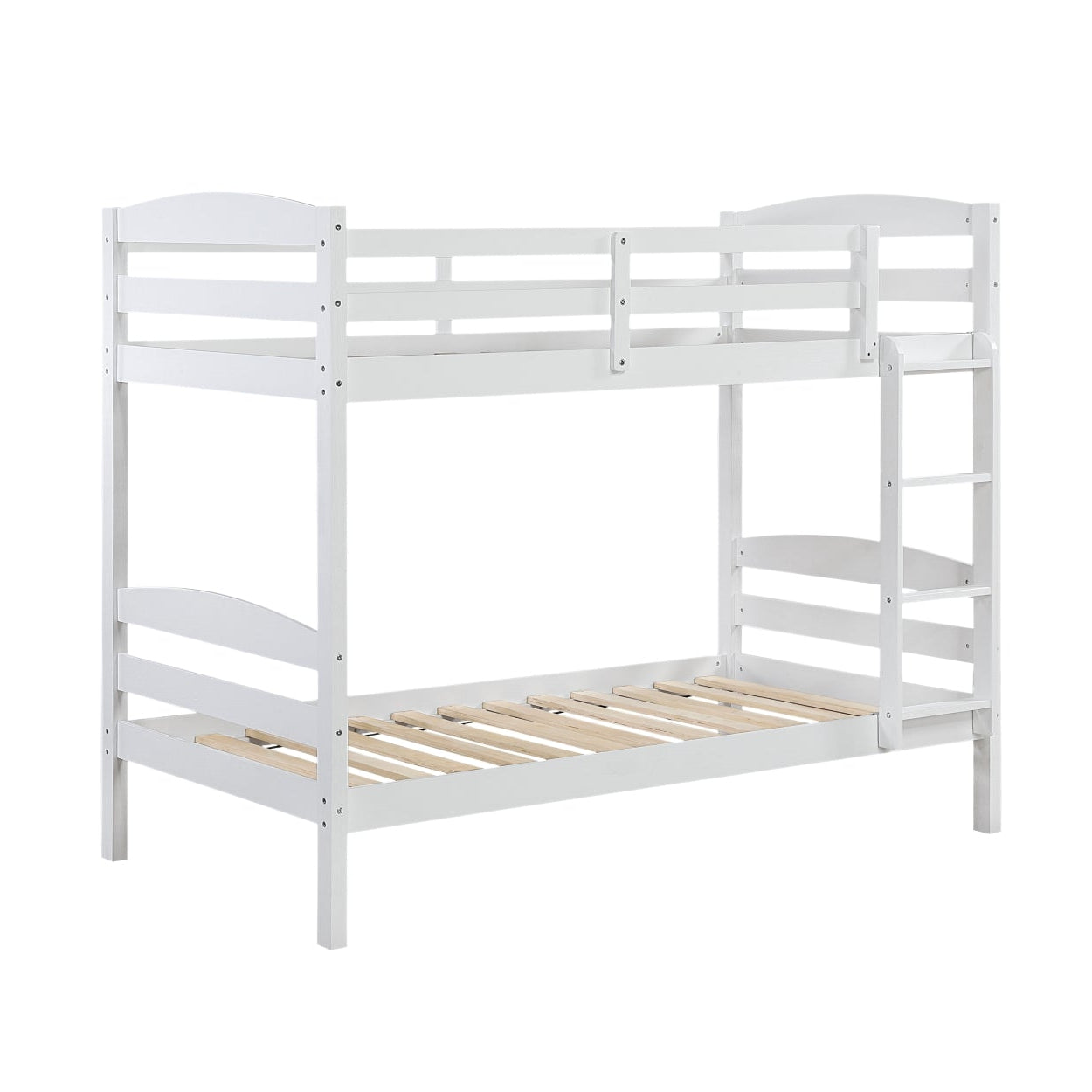 White MAZ Lani Collection twin/twin bunk bed with side view, sturdy frame and clean design for space-saving bedroom setup.