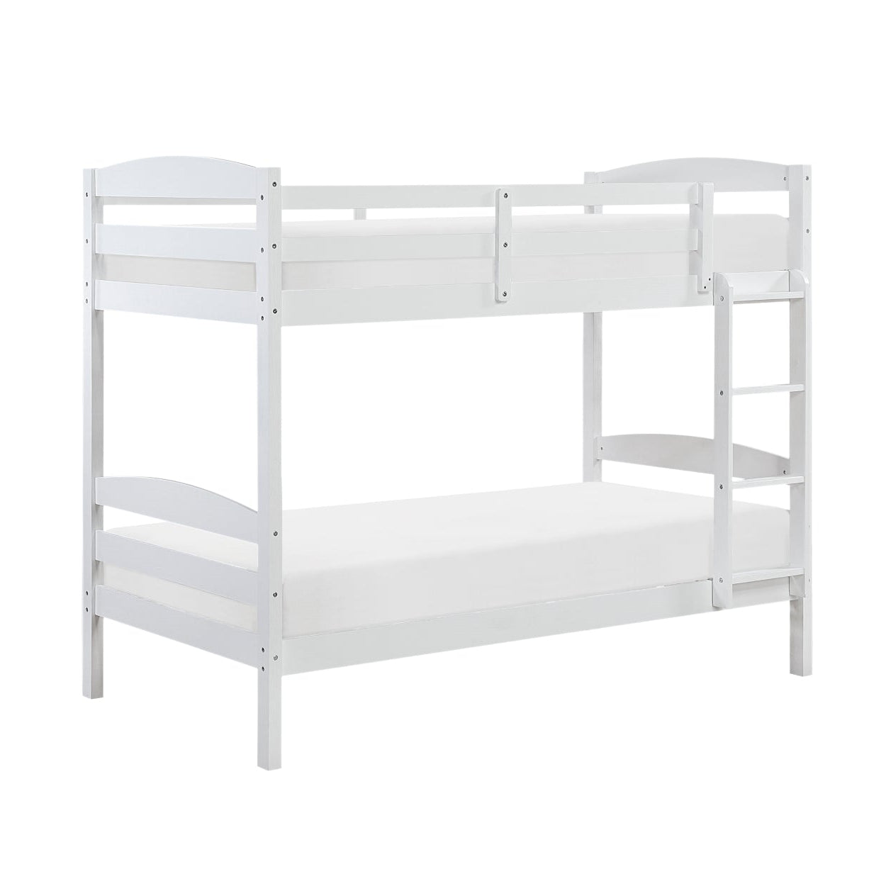 White MAZ Lani Collection twin/twin bunk bed with side view, showcasing sturdy frame and clean design for children's bedroom.