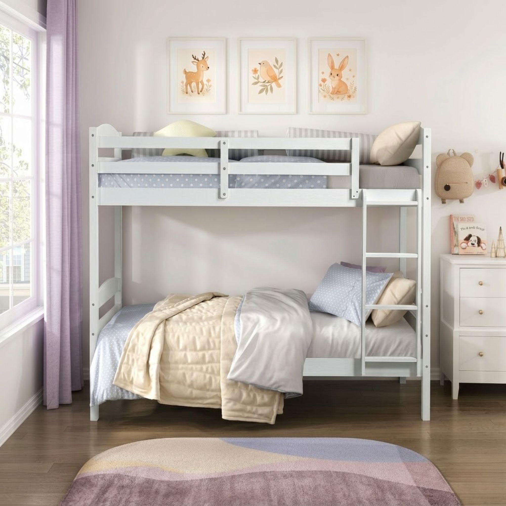 White MAZ Lani Collection twin/twin bunk bed with sturdy frame and ladder, ideal for kids' bedrooms and space-saving sleeping arrangements.