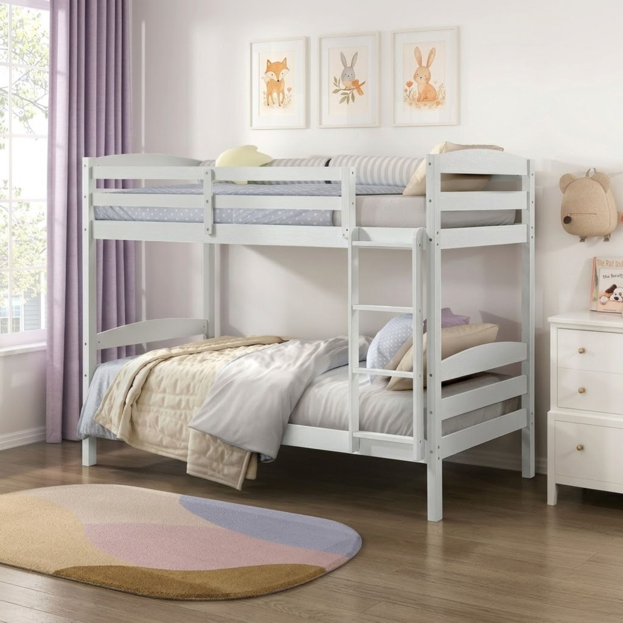 White MAZ Lani Collection twin/twin bunk bed with sturdy frame and ladder, perfect for space-saving sleeping arrangements.