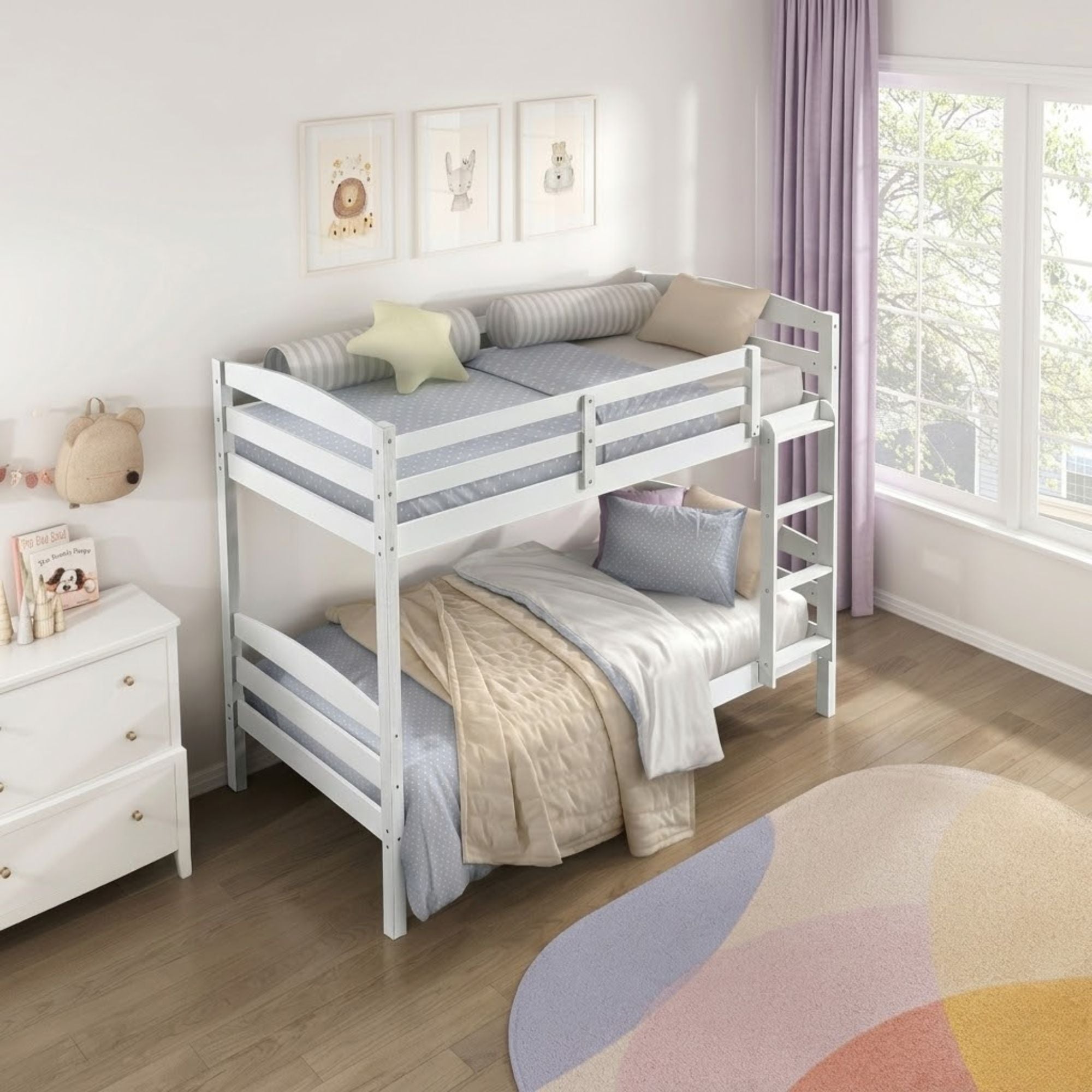 White twin/twin bunk bed from the MAZ Lani Collection with sturdy frame and ladder, ideal for space-saving bedroom arrangements.