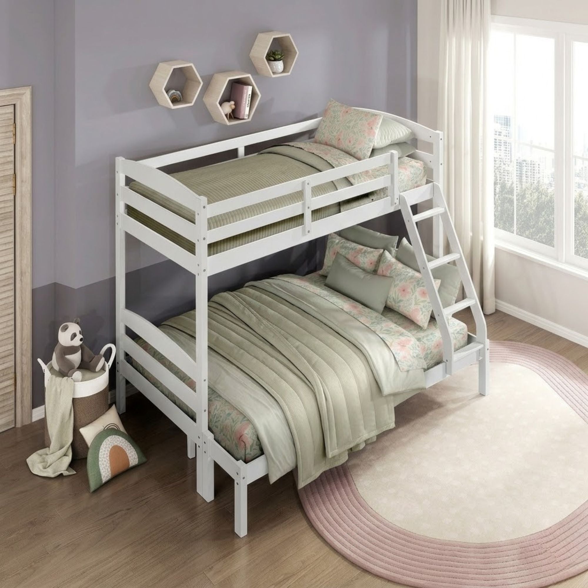 White twin/full bunk bed from the MAZ Lani Collection with sturdy ladder and safety rails, ideal for space-saving bedroom setup.