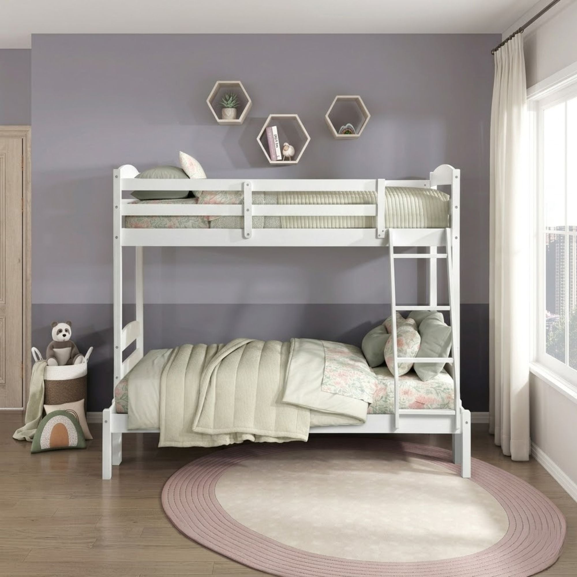 White MAZ Lani Collection twin/full bunk bed with sturdy wooden frame and ladder, ideal for space-saving bedroom furniture.