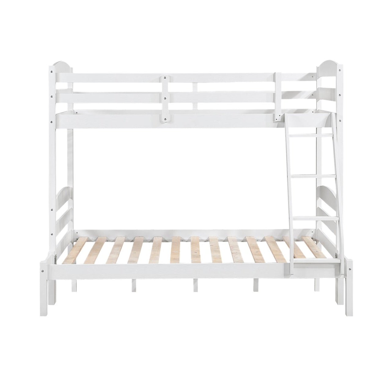 White M.A.F Lani Collection twin/full bunk bed with a sturdy frame and ladder, shown from the front with no background.