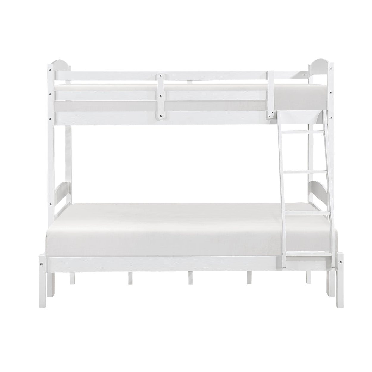 White MAZ Lani Collection twin/full bunk bed with ladder and safety rails, shown from the front with a clean, modern design.
