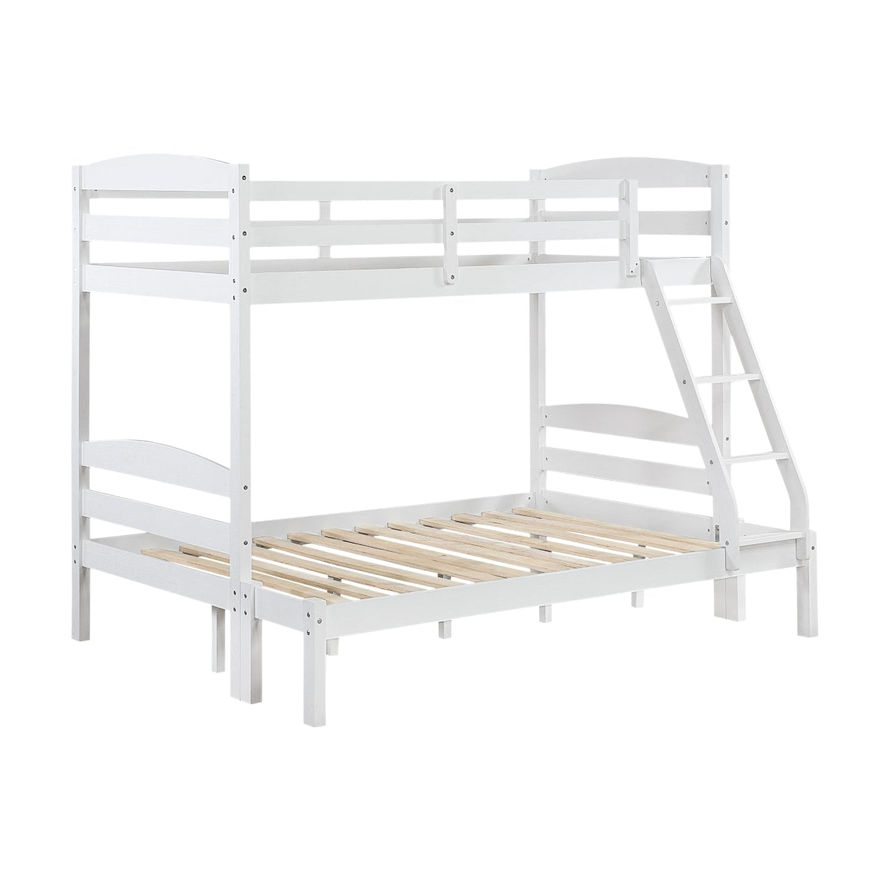 White MAZ Lani Collection twin/full bunk bed with a sturdy metal frame, side view showing ladder and safety railings.