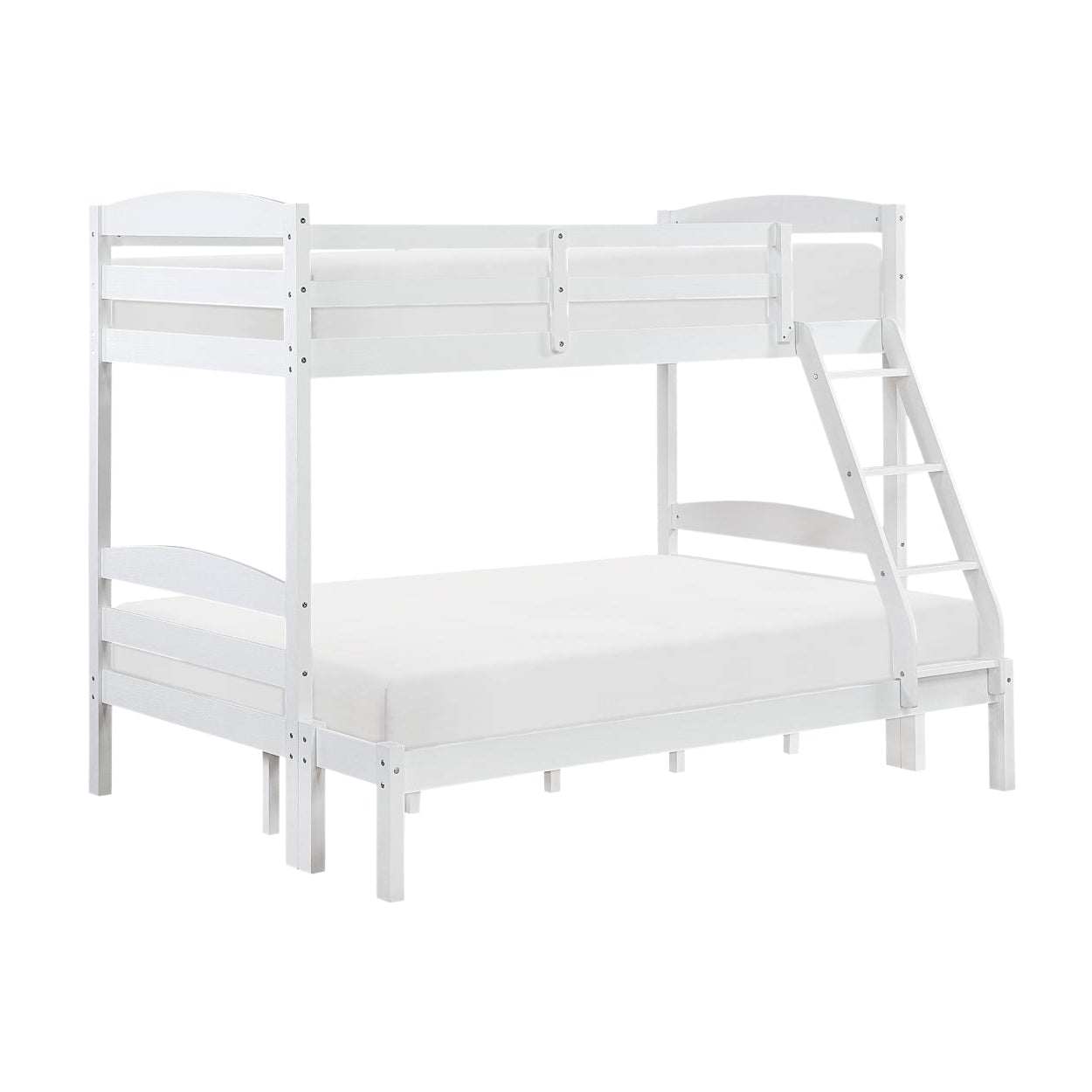 White twin/full bunk bed from the MAZ Lani Collection with a side view and sturdy frame, perfect for space-saving bedroom setups.