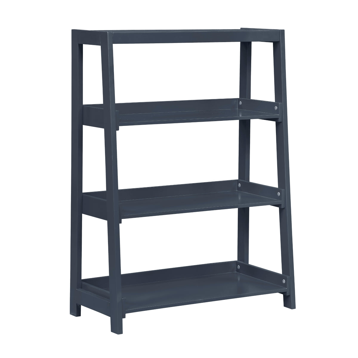 Blue wooden 3-shelf bookcase by Monarch Specialties, showing side view with open shelves and natural wood finish.