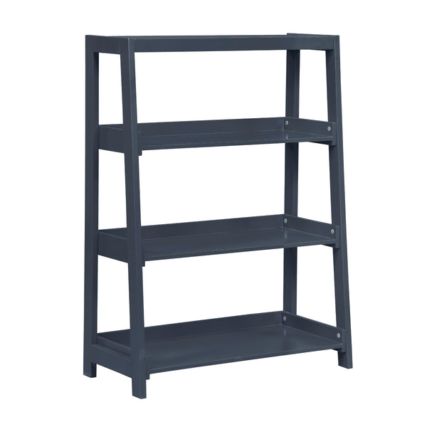 Blue wooden 3-shelf bookcase by Monarch Specialties, showing side view with open shelves and natural wood finish.