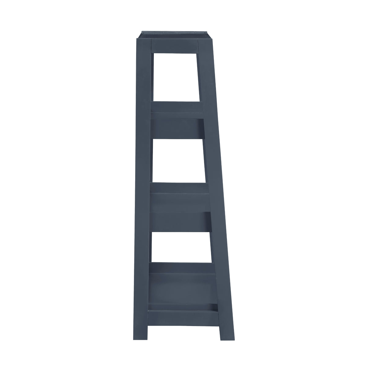 Blue wooden 3-shelf bookcase by Monarch Specialties, showing side view with open shelves for books and decor.