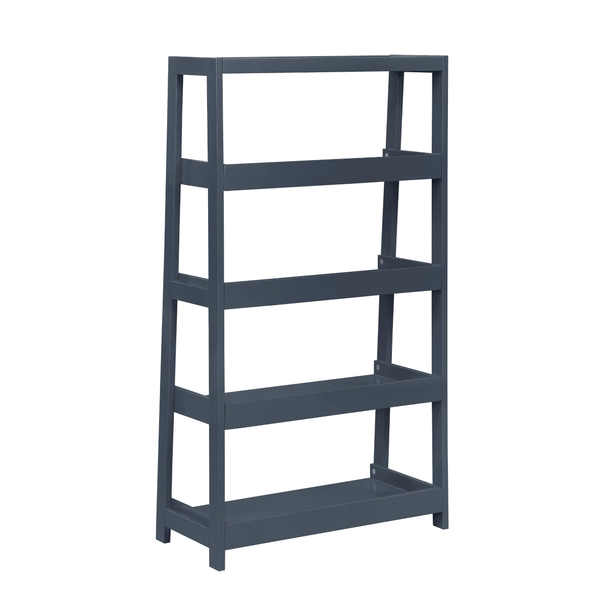 Blue wooden 4-shelf bookcase by Monarch Specialties, showing the back view with sturdy shelves and modern design.