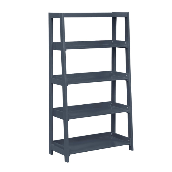 Blue 4-shelf wooden Monarch Specialties bookcase with open sides and sturdy design, ideal for home or office storage.