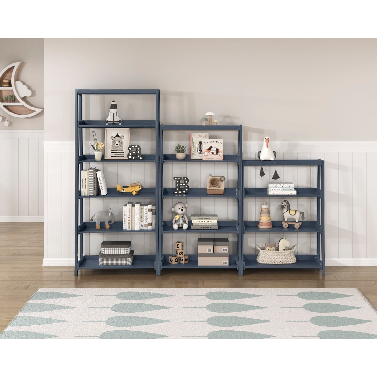 Blue wooden 4-shelf bookcase by Monarch Specialties with adjustable shelves and a modern design.