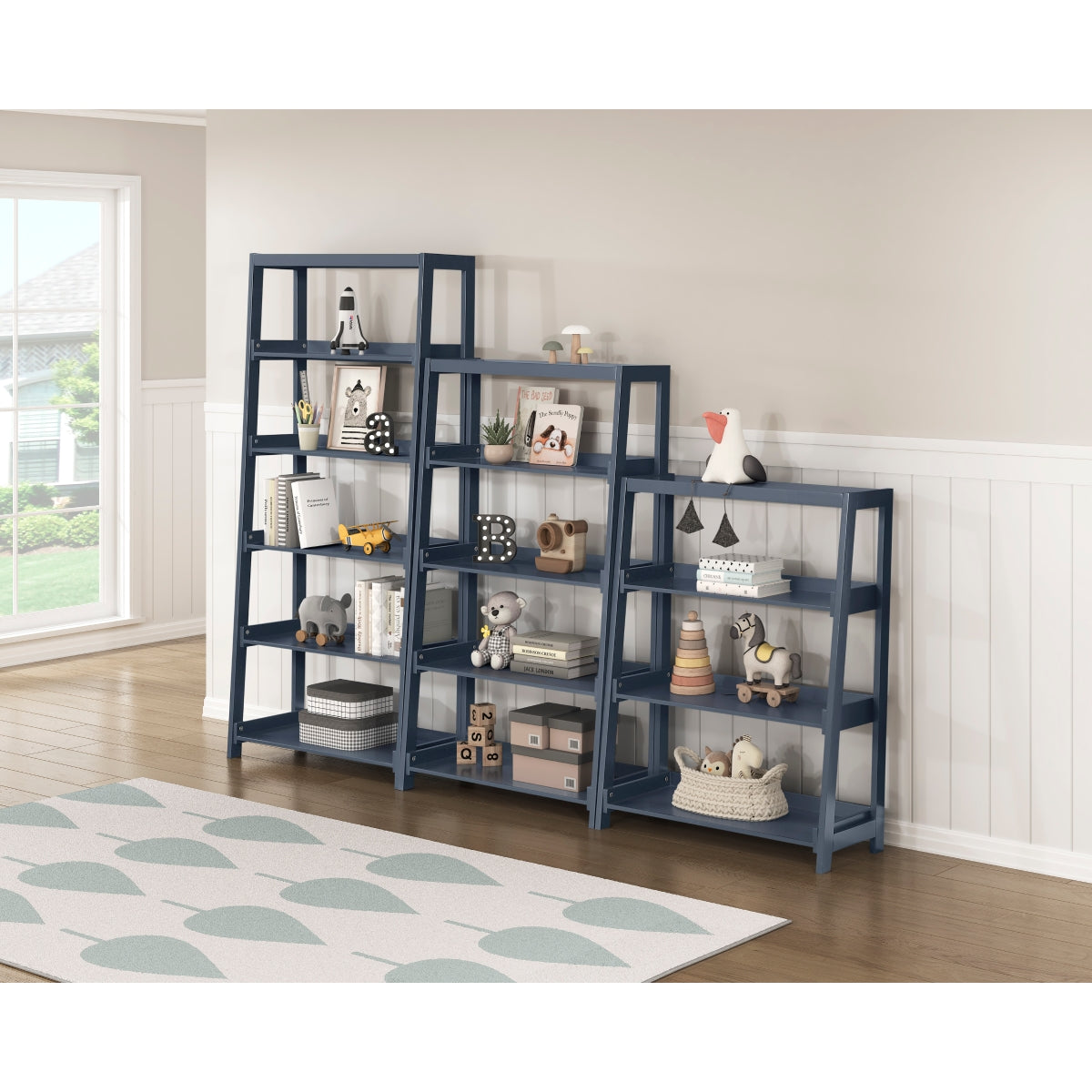 Blue wooden 3-shelf bookcase by Monarch Specialties with open shelves for books and decor display.