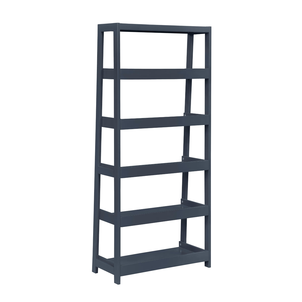 Blue wooden 5-shelf bookcase by Monarch Specialties, showcasing sturdy shelves and a modern design for home or office storage.