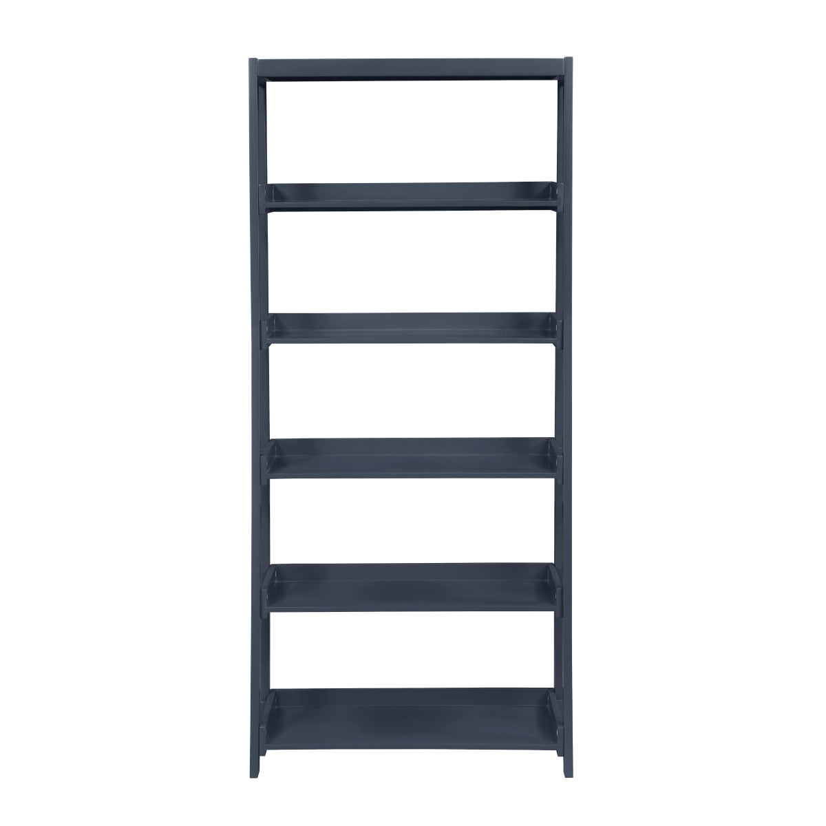 Blue 5-shelf wooden bookcase by Monarch Specialties with open shelves, ideal for storing books and decorative items.
