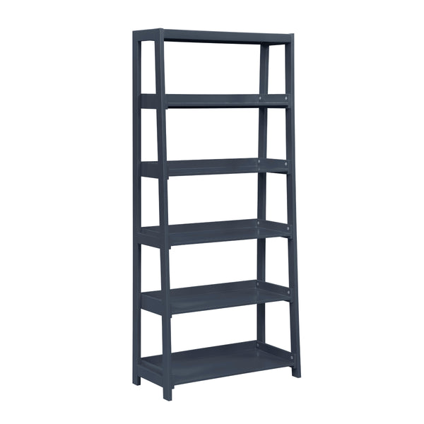 Blue wooden bookcase with five shelves from Monarch Specialties, showing a side view with a modern design.