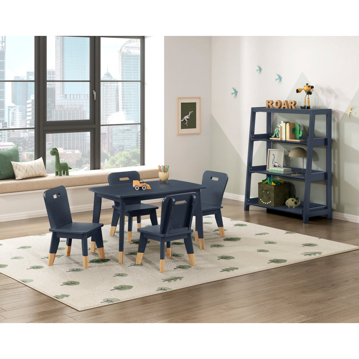 Kids dining set with navy blue table and chairs from MAZ Sloane Collection, featuring five pieces for children.