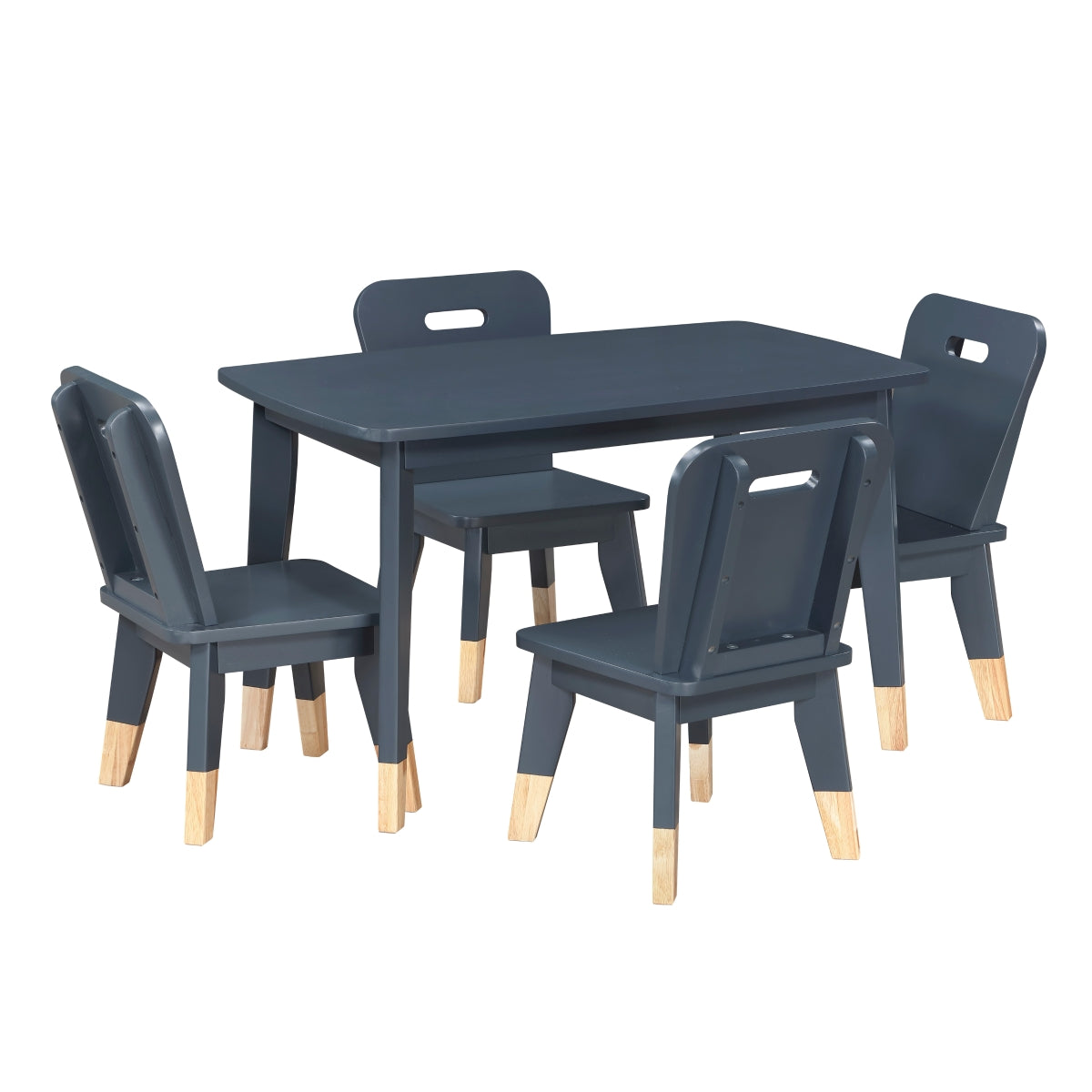 Kids dining set by MAZ with navy blue table and four matching chairs, perfect for children's play and meal times.