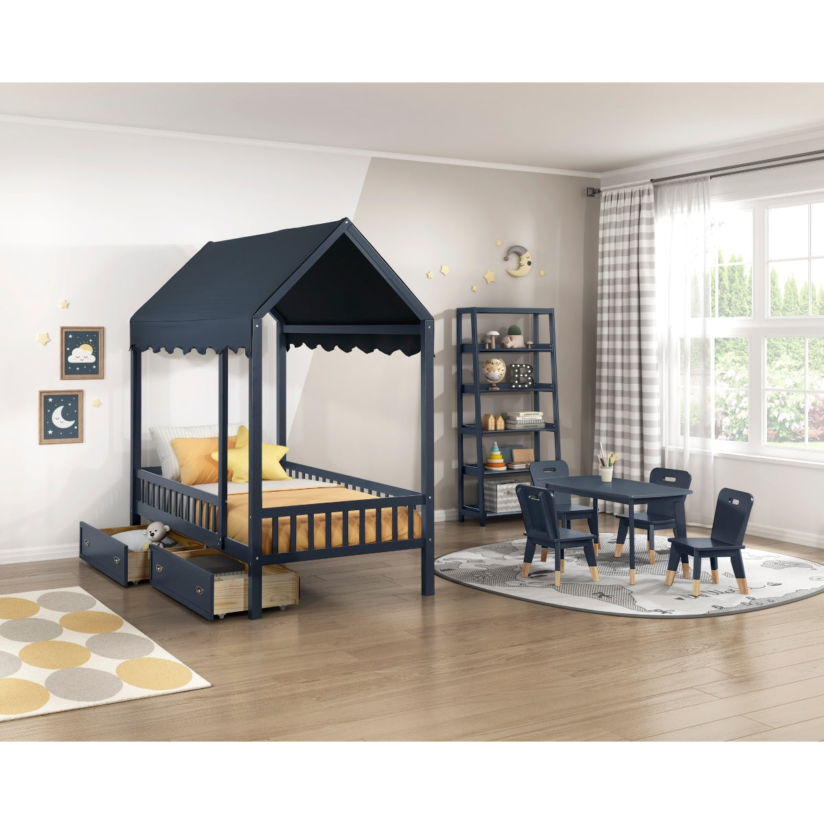 Maz Sloane Collection 5-piece kids dining set with navy blue table and chairs, perfect for kids' dining and play areas.