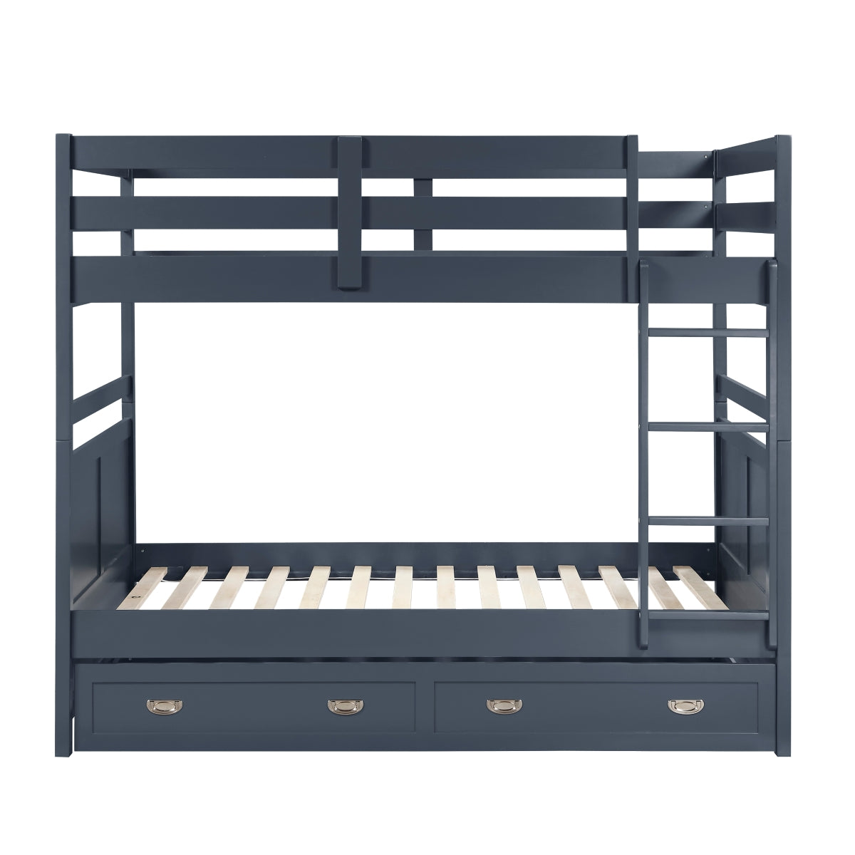 Front view of MAZ Sloane Collection navy blue bunk and loft bed with sturdy frame and modern design.