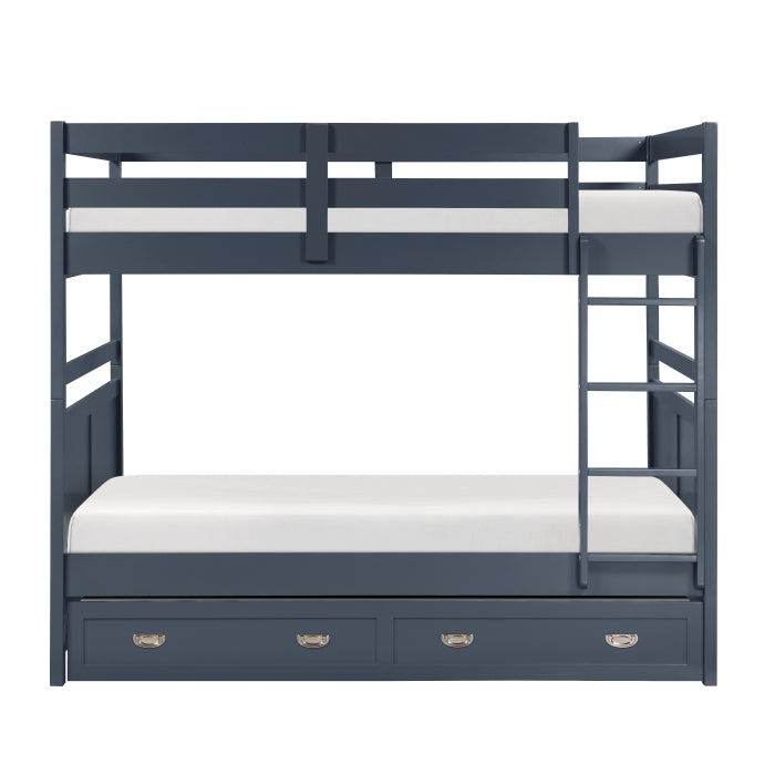 MAZ Sloane Collection navy blue bunk and loft bed with sturdy frame, shown from the front with clean lines and modern design.