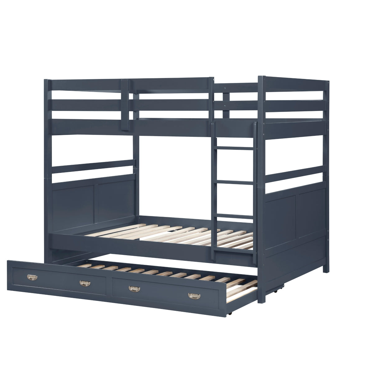 MAZ Sloane Collection navy blue bunk and loft bed shown from the side, featuring sturdy frame and modern design.