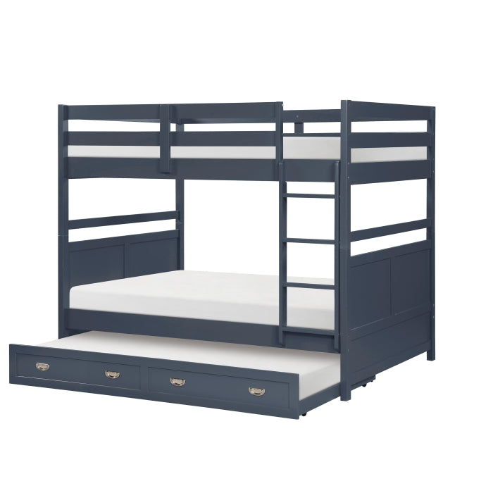 Navy blue MAZ Sloane Collection bunk and loft bed with side view, showcasing sturdy wooden structure and modern design