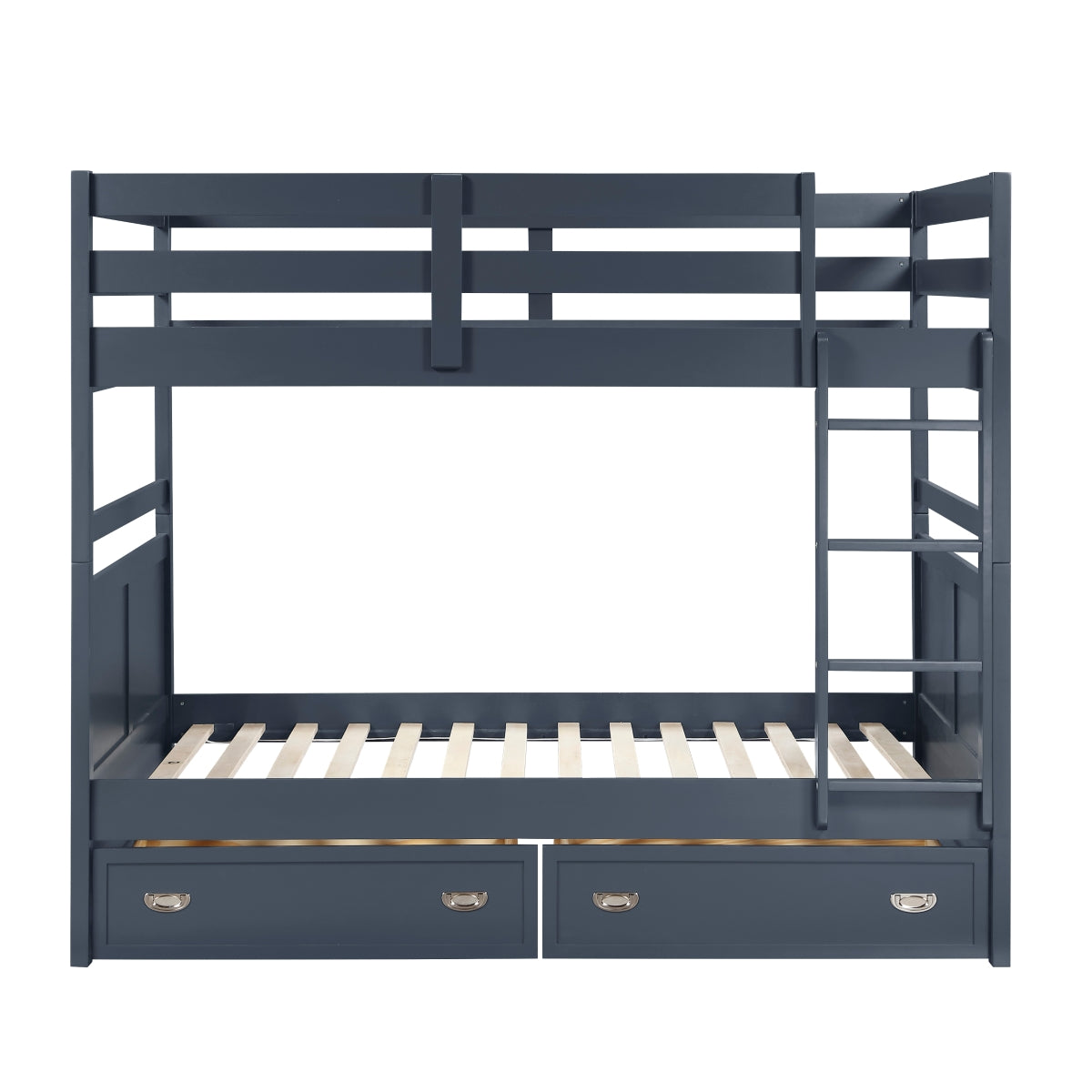 Maz Sloane Collection navy blue bunk and loft bed, front view showcasing sturdy frame and stylish design with safety features.