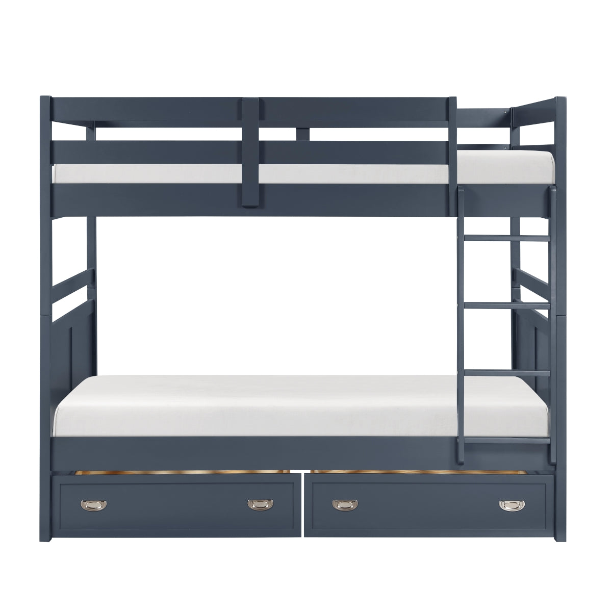 MAZ Sloane Collection navy blue bunk bed with ladder and safety rails, showcasing a modern design in a child's bedroom setting.