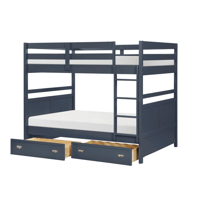 Side view of MAZ Sloane Collection navy blue bunk bed with ladder and safety rails, showcasing its sturdy wooden frame.