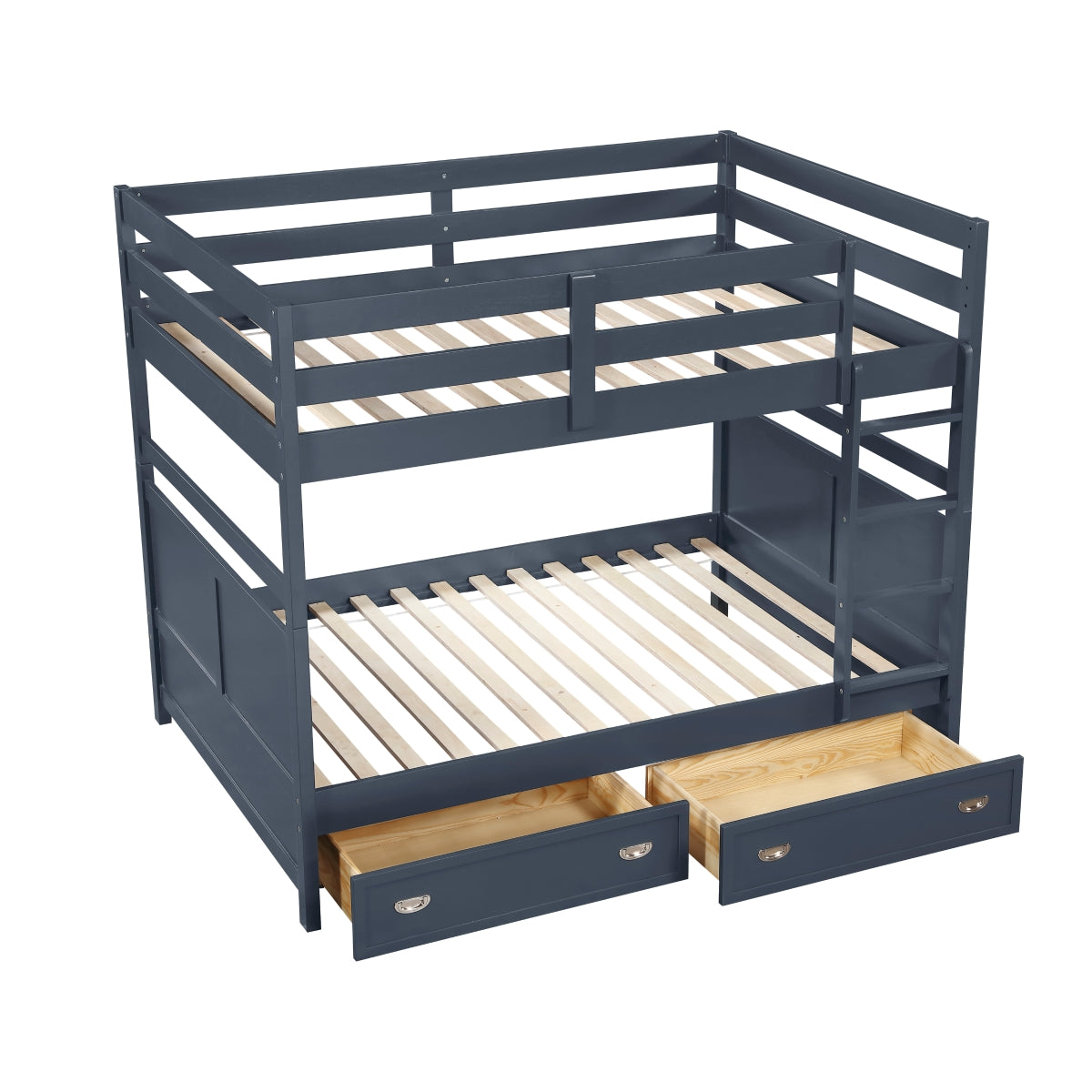 MAZ Sloane Collection navy blue bunk and loft bed shown from the side, featuring sturdy construction and modern design.