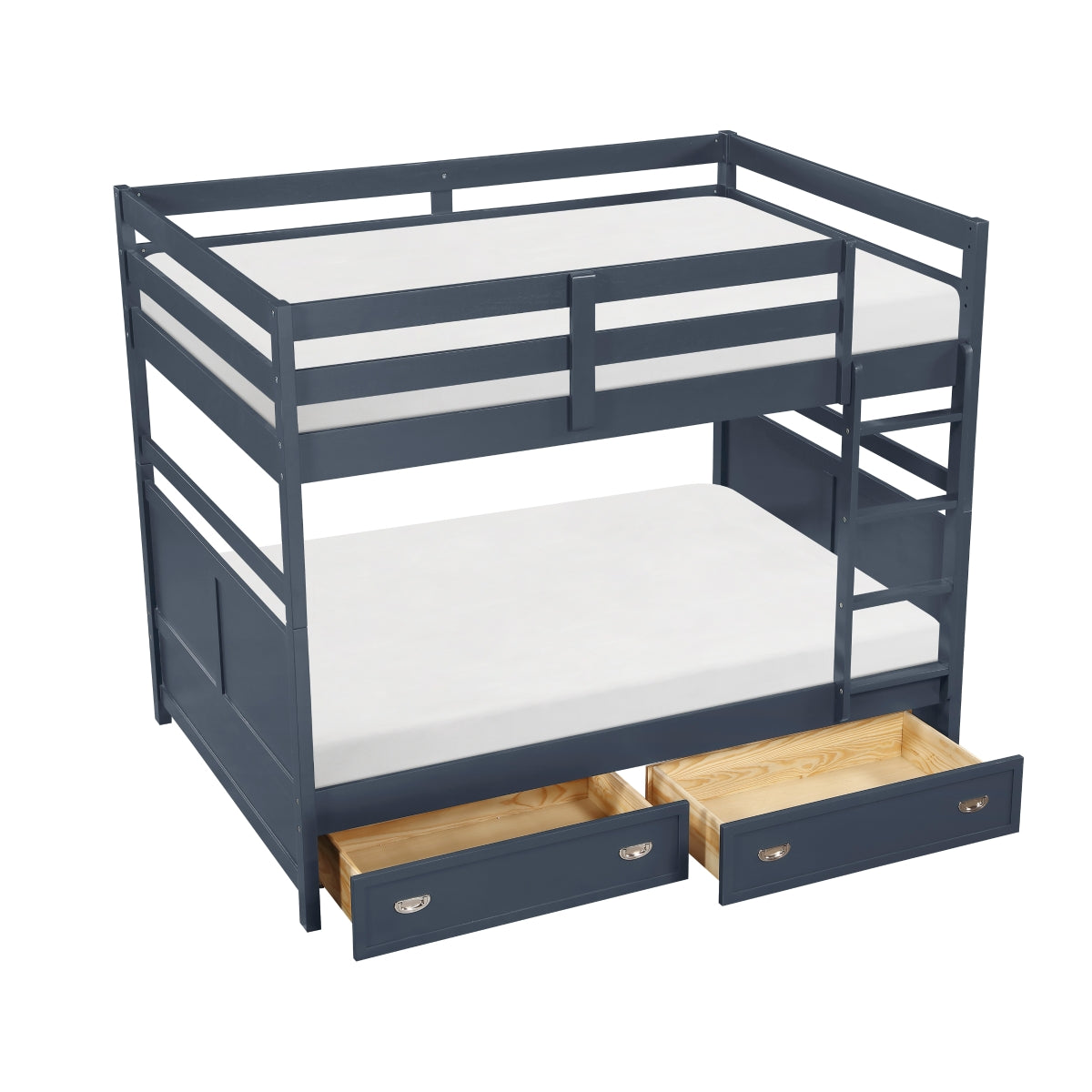 MAZ Sloane Collection navy blue bunk and loft bed, side view showing sturdy wood frame and modern design.