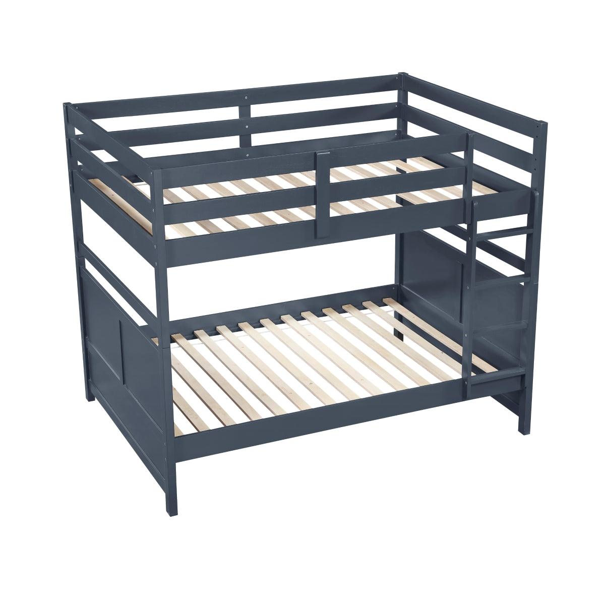 MAZ Sloane Collection navy blue bunk bed with side view, showcasing sturdy frame and ladder for kids' bedroom or loft space.