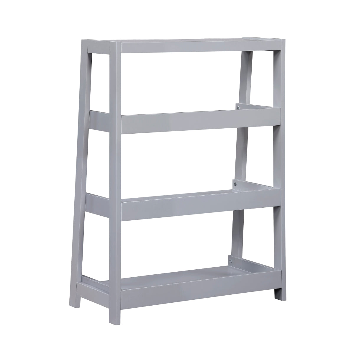 Grey 3-shelf wooden bookcase by Monarch Specialties, showing the back view with open shelves and sturdy construction.