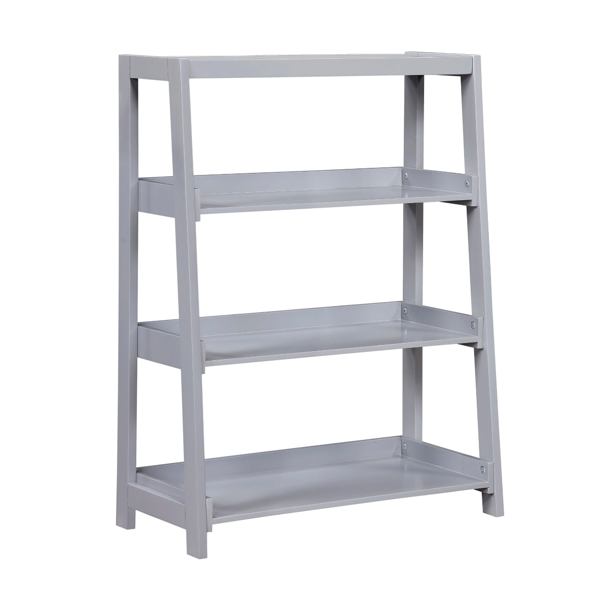 Grey wooden 3-shelf Monarch Specialties bookcase with open side view, showcasing sturdy construction and modern design.
