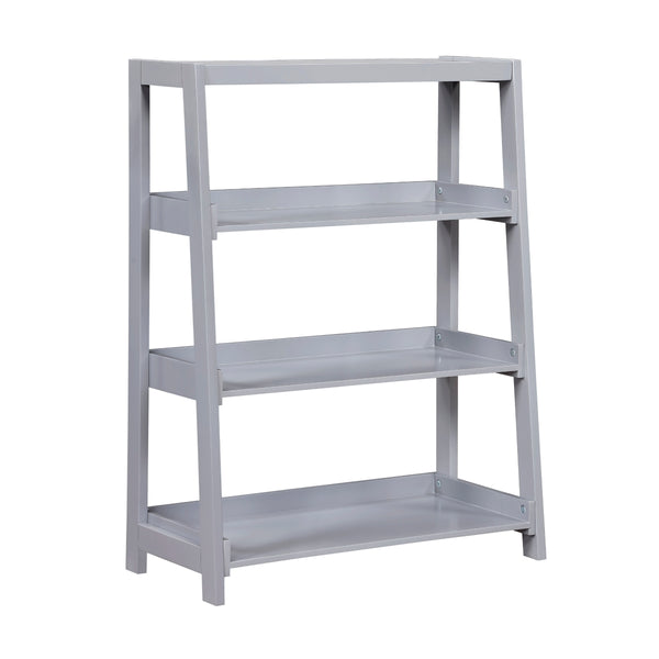 Grey wooden 3-shelf Monarch Specialties bookcase with open side view, showcasing sturdy construction and modern design.